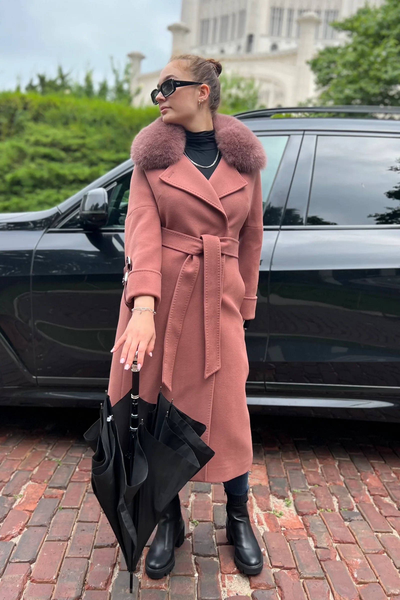 Genuine Polar Fox Leather Buckle Cashmere Wool Coat