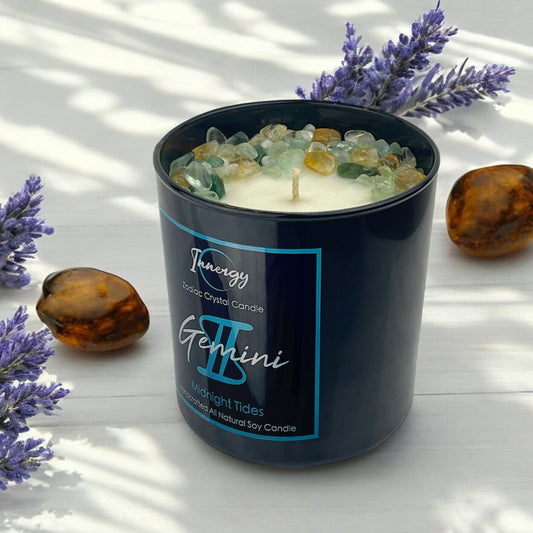 Gemini Zodiac Crystal Candle with Green Fluorite, Citrine, and Green Aventurine | Coconut-Soy Wax Candle, 9oz