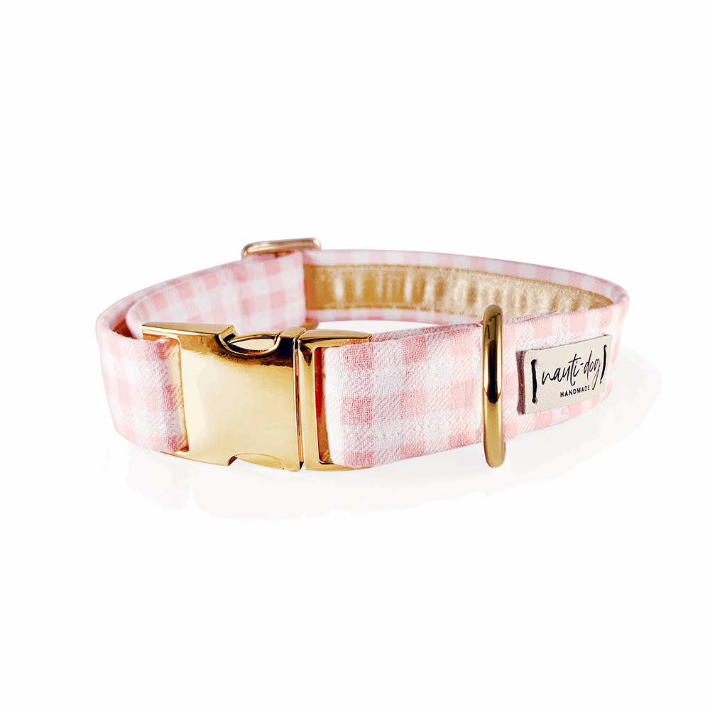 Gingham Pink Girly Summer Plaid Check Buckle & Martingale Dog Collar