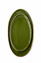 Handmade Porcelain Oval Serving Platter with Gold Rim. Green