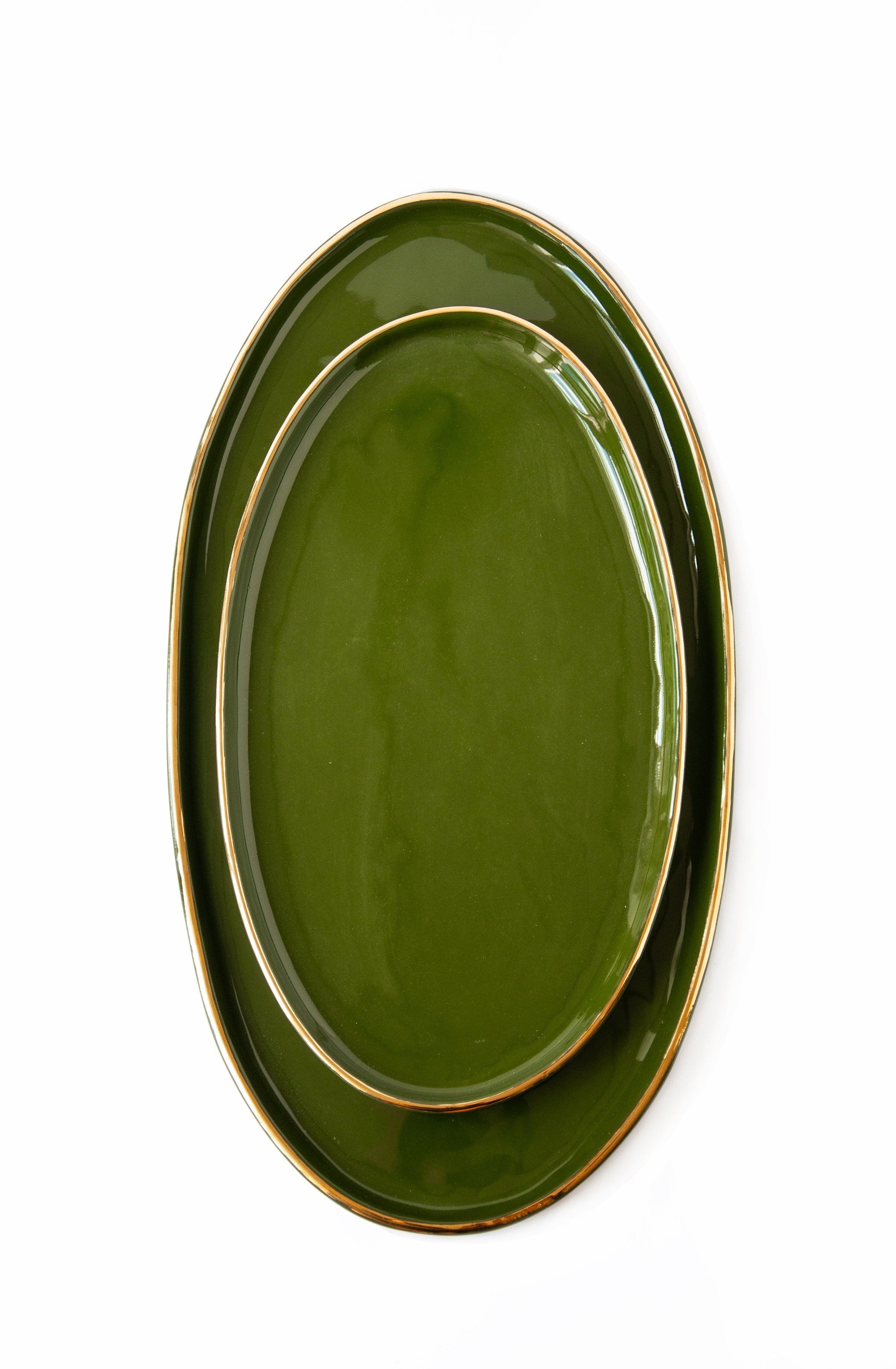 Handmade Porcelain Oval Serving Platter with Gold Rim. Green - The Peony Haus
