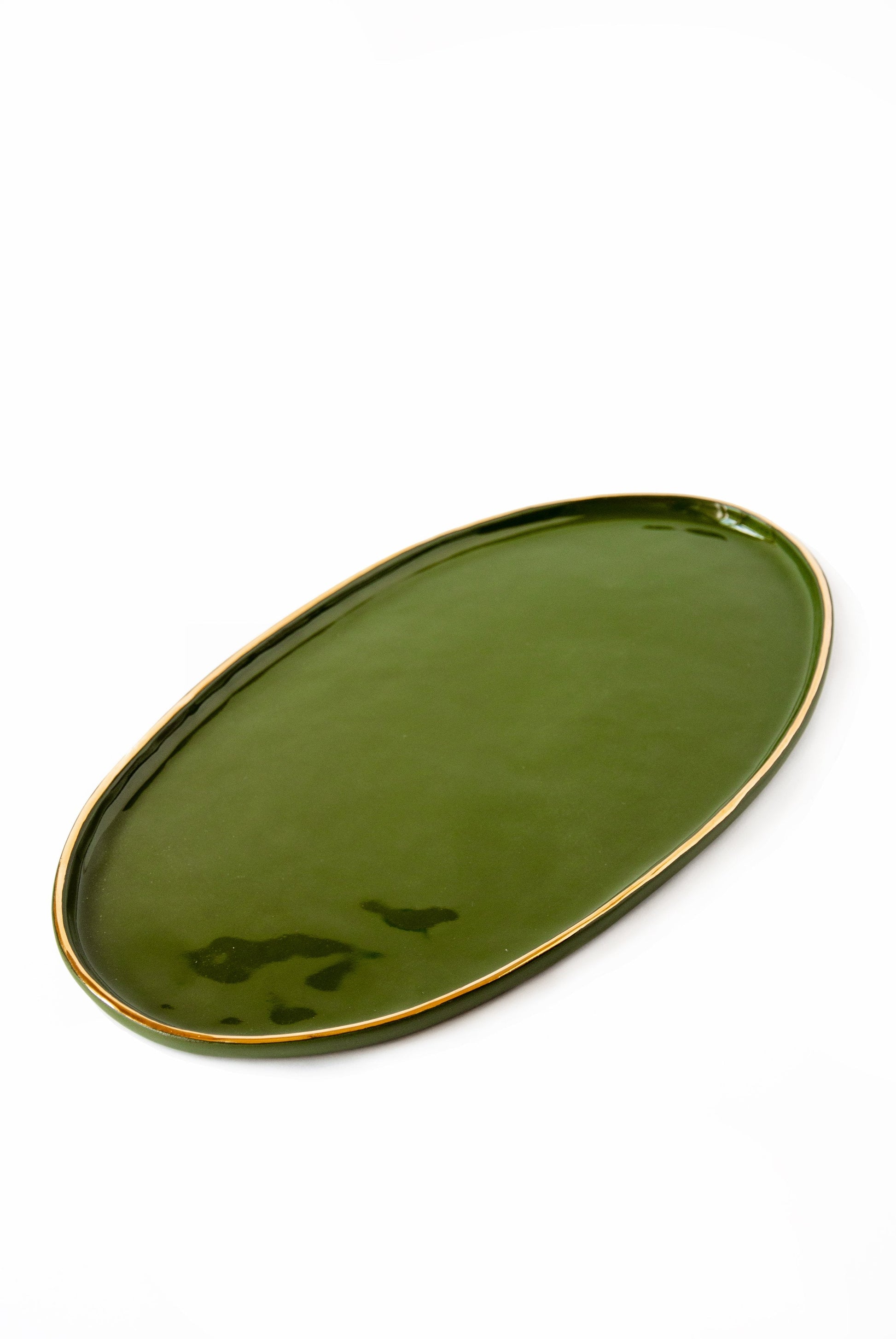 Handmade Porcelain Oval Serving Platter with Gold Rim. Green - The Peony Haus