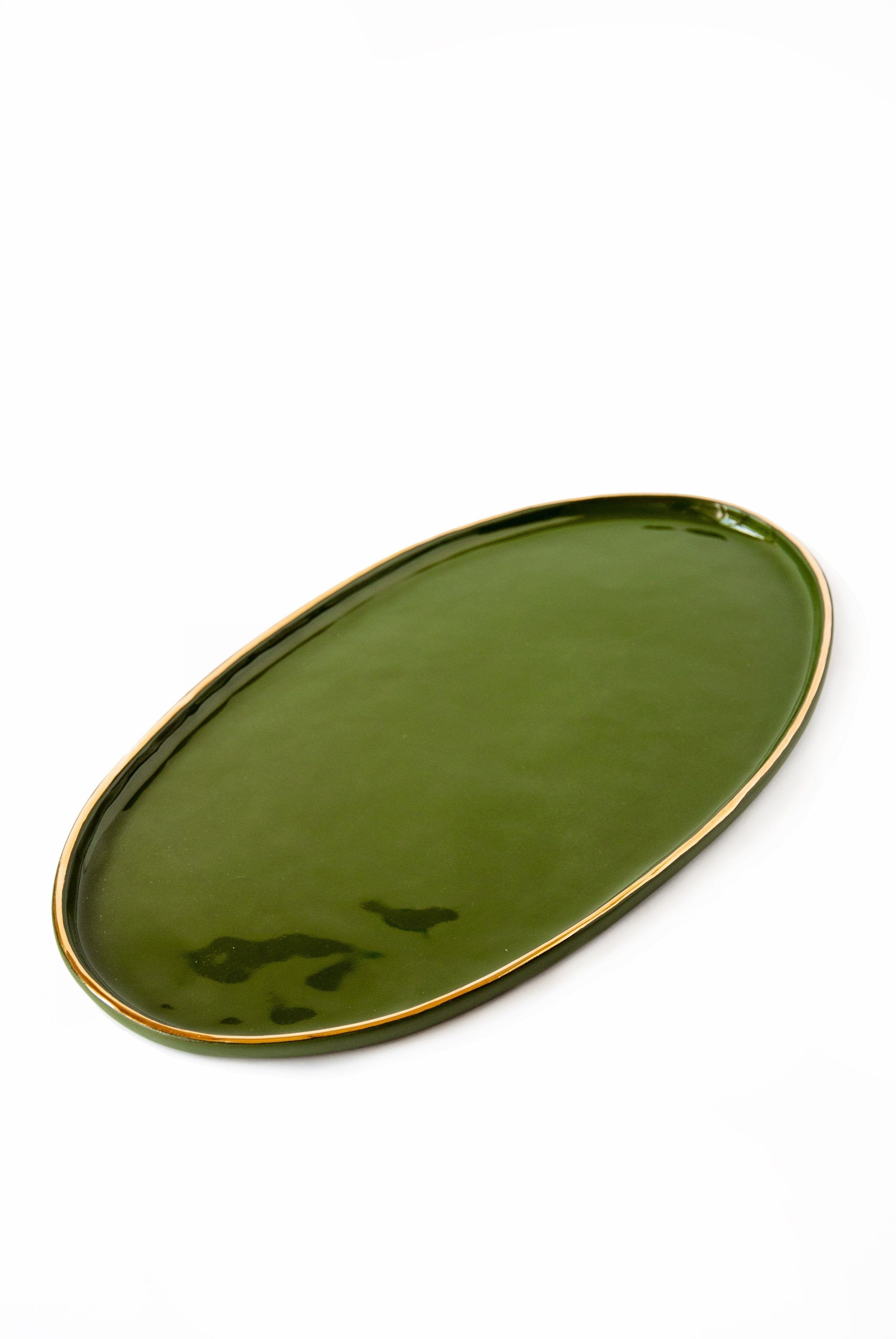 Handmade Porcelain Oval Serving Platter with Gold Rim. Green