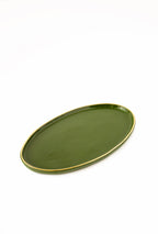 Handmade Porcelain Oval Serving Platter with Gold Rim. Green