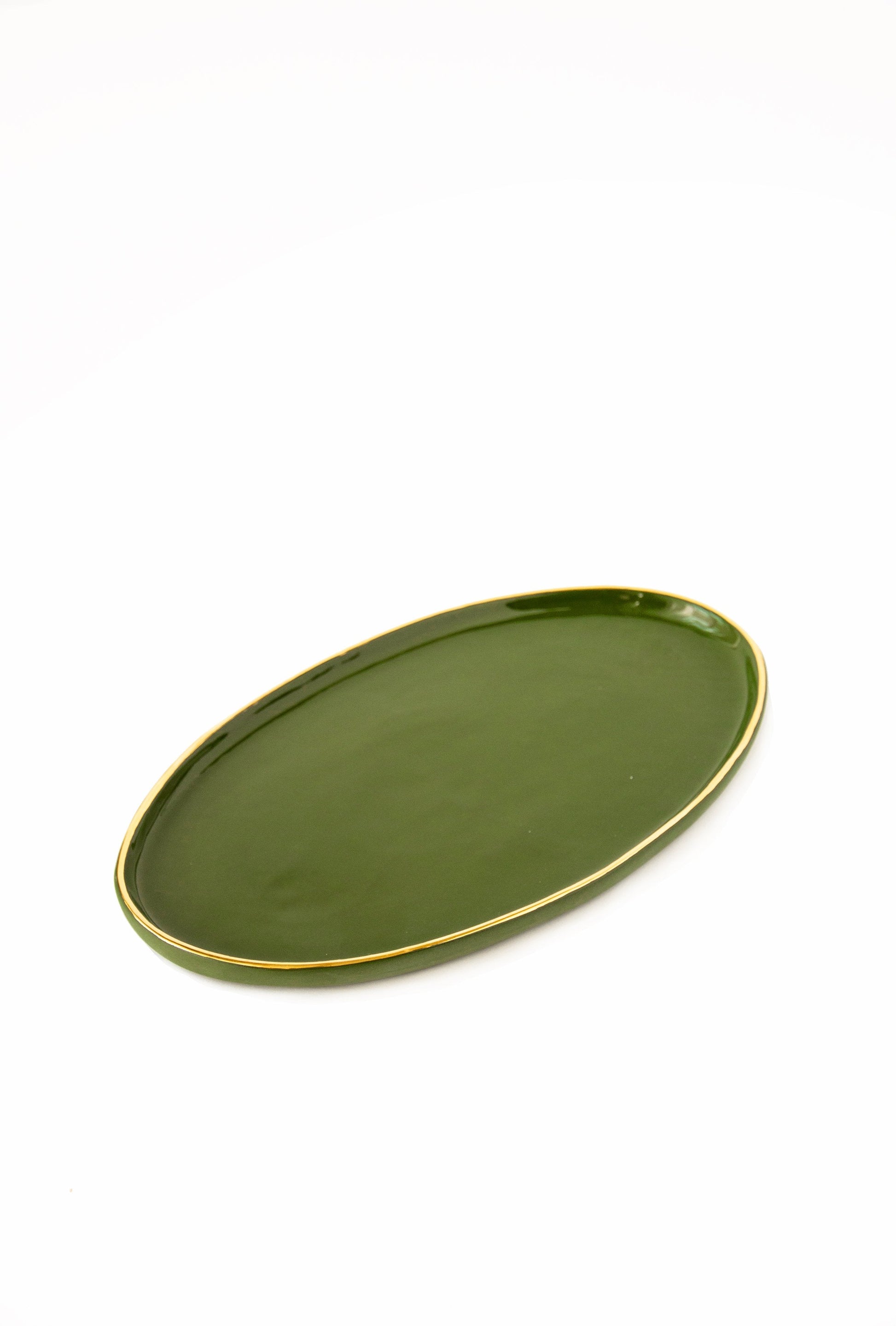 Handmade Porcelain Oval Serving Platter with Gold Rim. Green - The Peony Haus