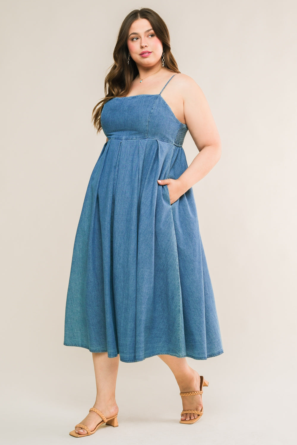 CAPTIVATING HEART DENIM MIDI DRESS - 90% Cotton