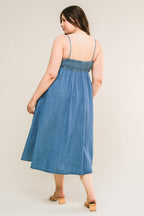 CAPTIVATING HEART DENIM MIDI DRESS - 90% Cotton