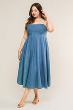 CAPTIVATING HEART DENIM MIDI DRESS - 90% Cotton