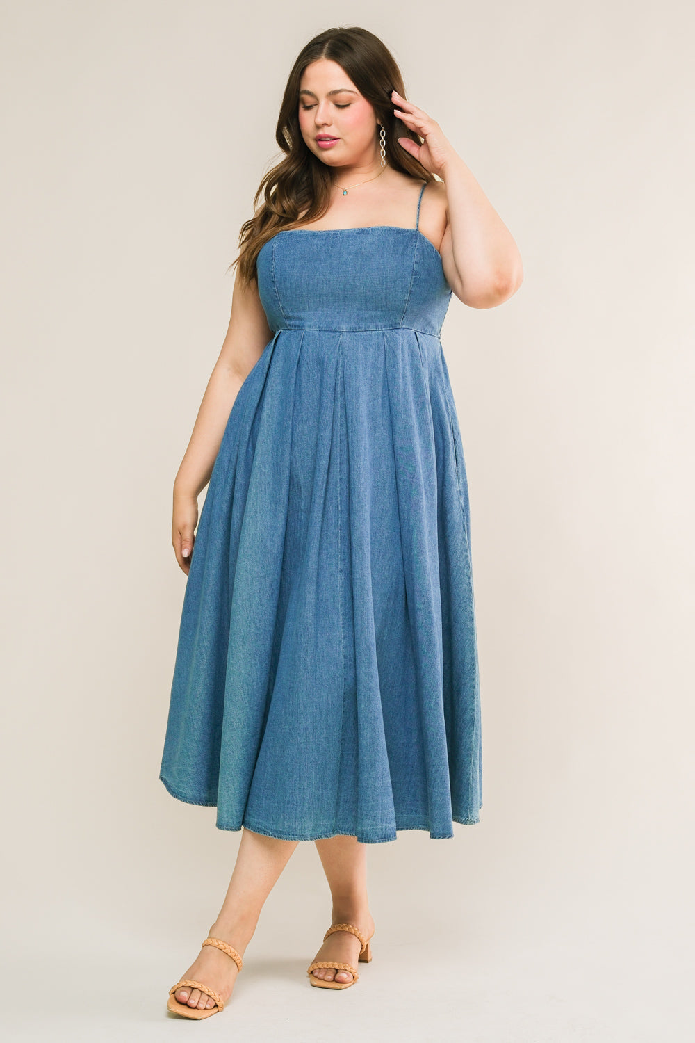 CAPTIVATING HEART DENIM MIDI DRESS - 90% Cotton