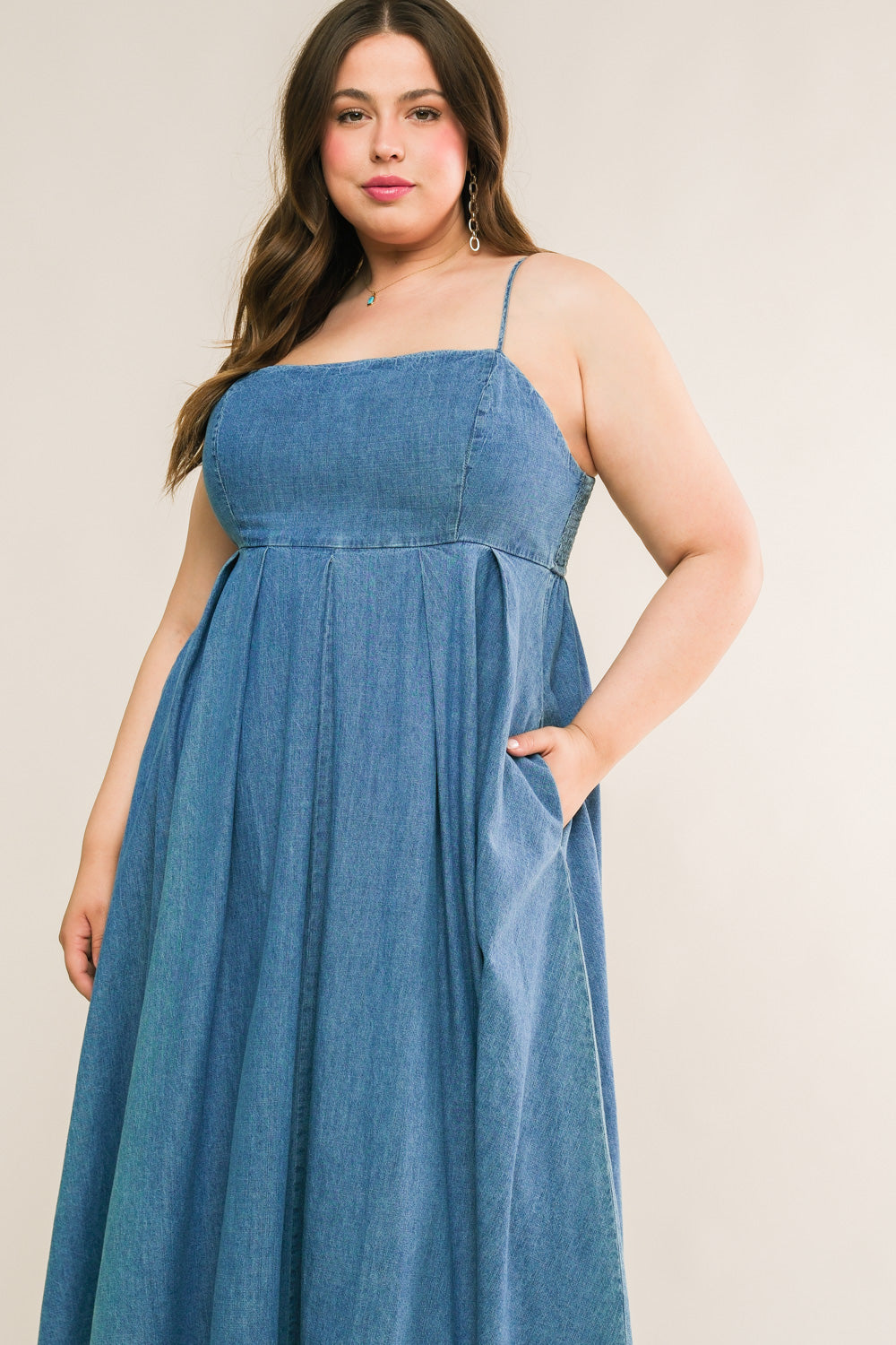 CAPTIVATING HEART DENIM MIDI DRESS - 90% Cotton