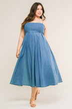 CAPTIVATING HEART DENIM MIDI DRESS - 90% Cotton