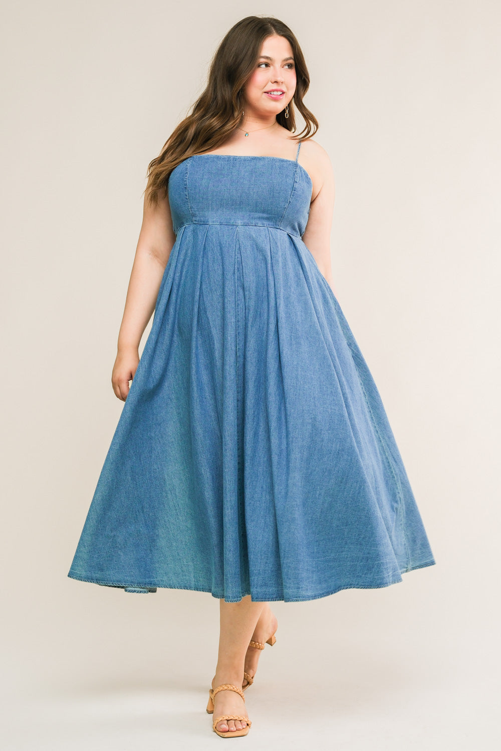 CAPTIVATING HEART DENIM MIDI DRESS - 90% Cotton