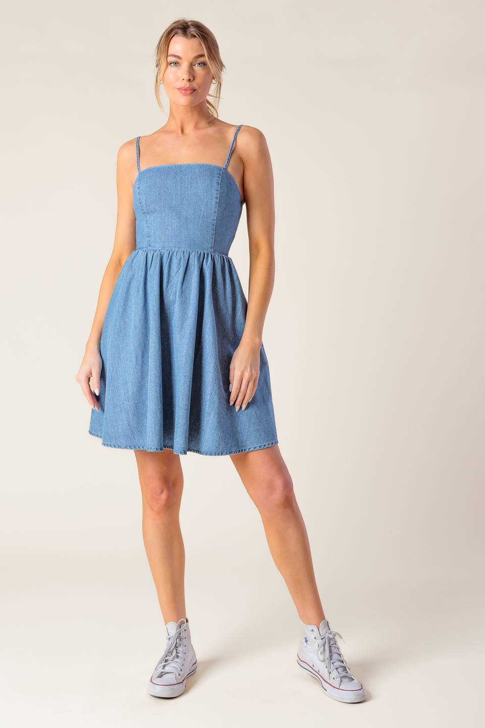 BACK IN LOVE DENIM MINI DRESS - 97% Cotto