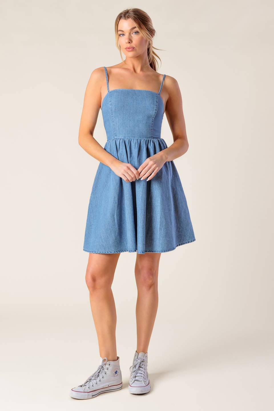 BACK IN LOVE DENIM MINI DRESS - 97% Cotto