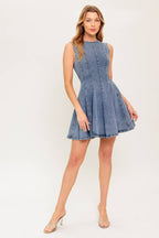 CAUGHT IN A MOMENT DENIM MINI DRESS - 97% Cotton