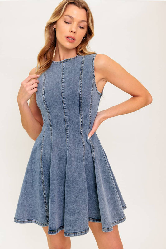 CAUGHT IN A MOMENT DENIM MINI DRESS - 97% Cotton
