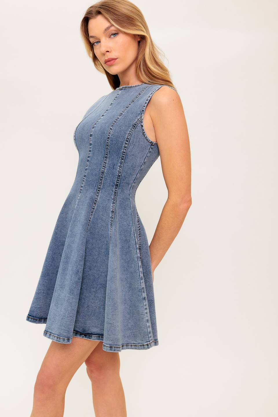 CAUGHT IN A MOMENT DENIM MINI DRESS - 97% Cotton