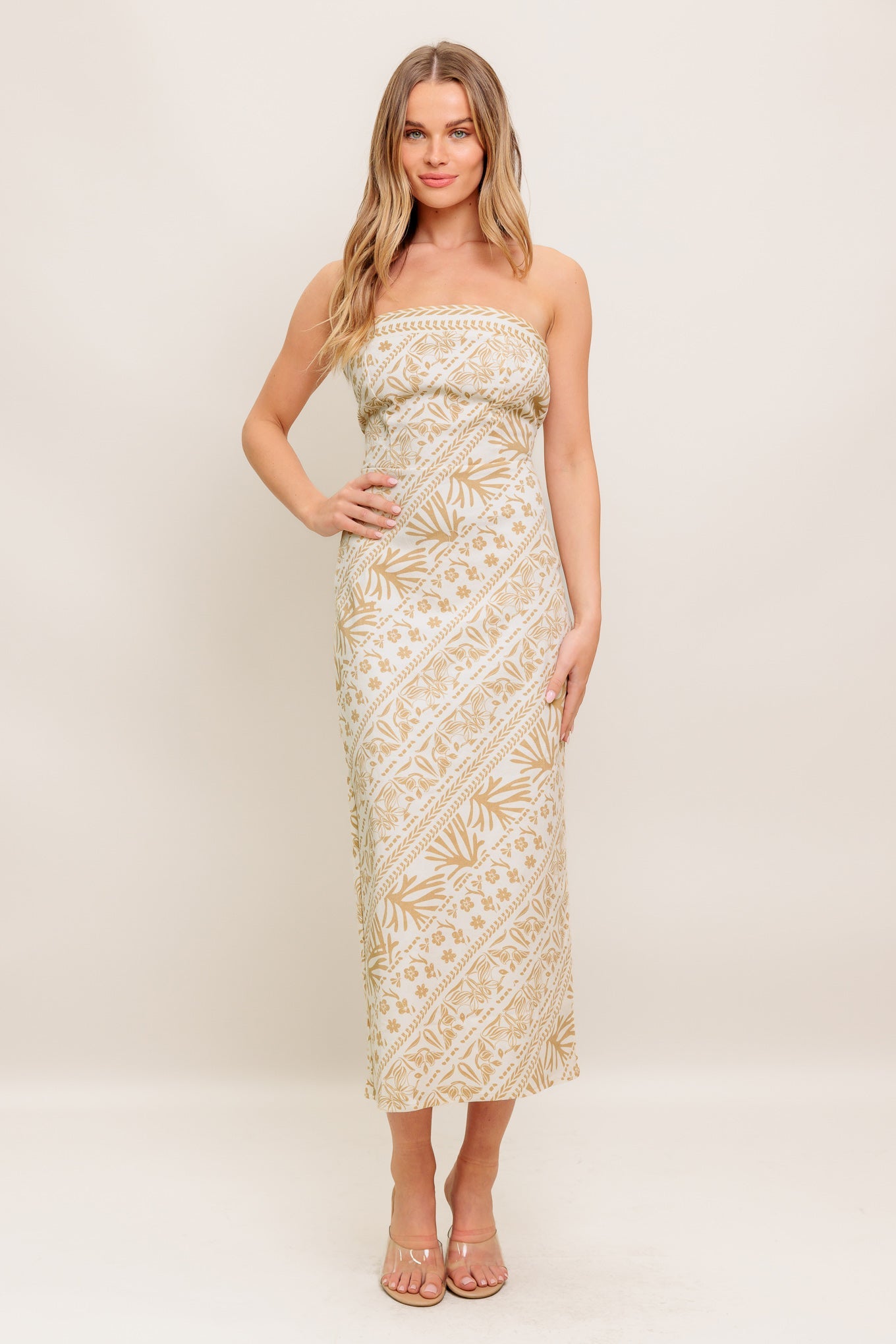 BOHO TROPIC DRAPE WOVEN MIDI DRESS - 97% Cotton