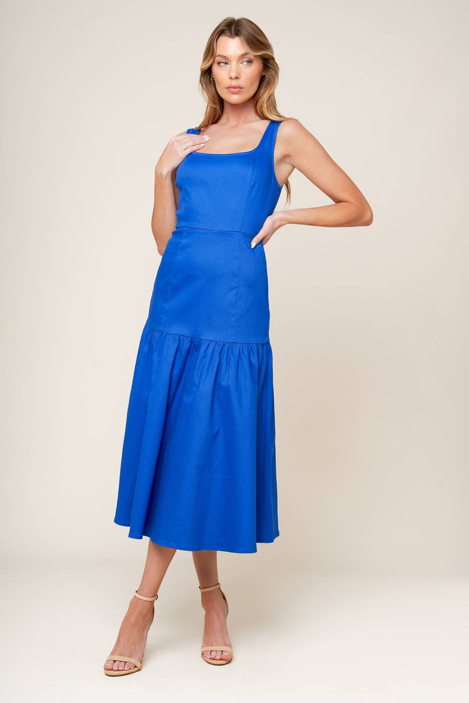 PLEASANT DREAMS BLUE WOVEN MIDI DRESS - 97% cotton