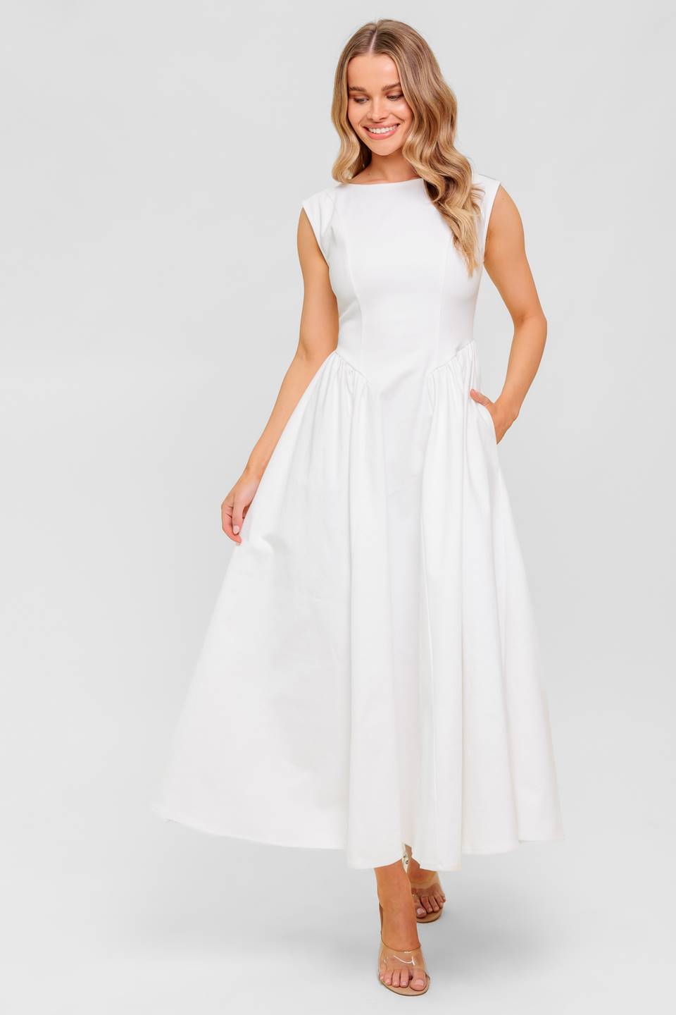 CANDLE VINE WHITE DENIM WOVEN MIDI DRESS -  97% Cotton