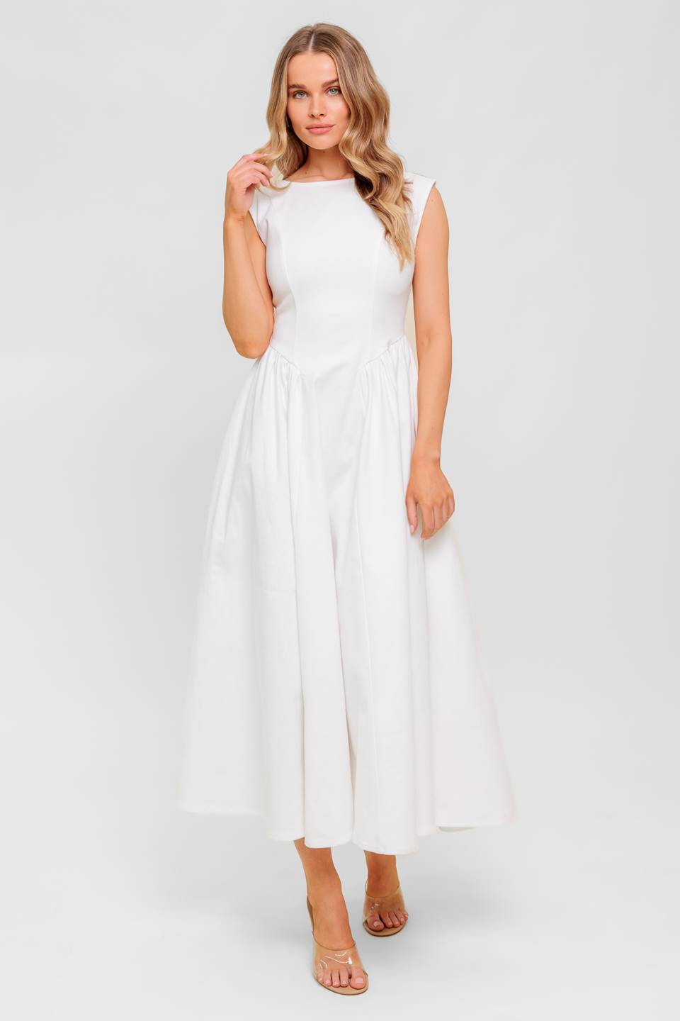CANDLE VINE WHITE DENIM WOVEN MIDI DRESS -  97% Cotton