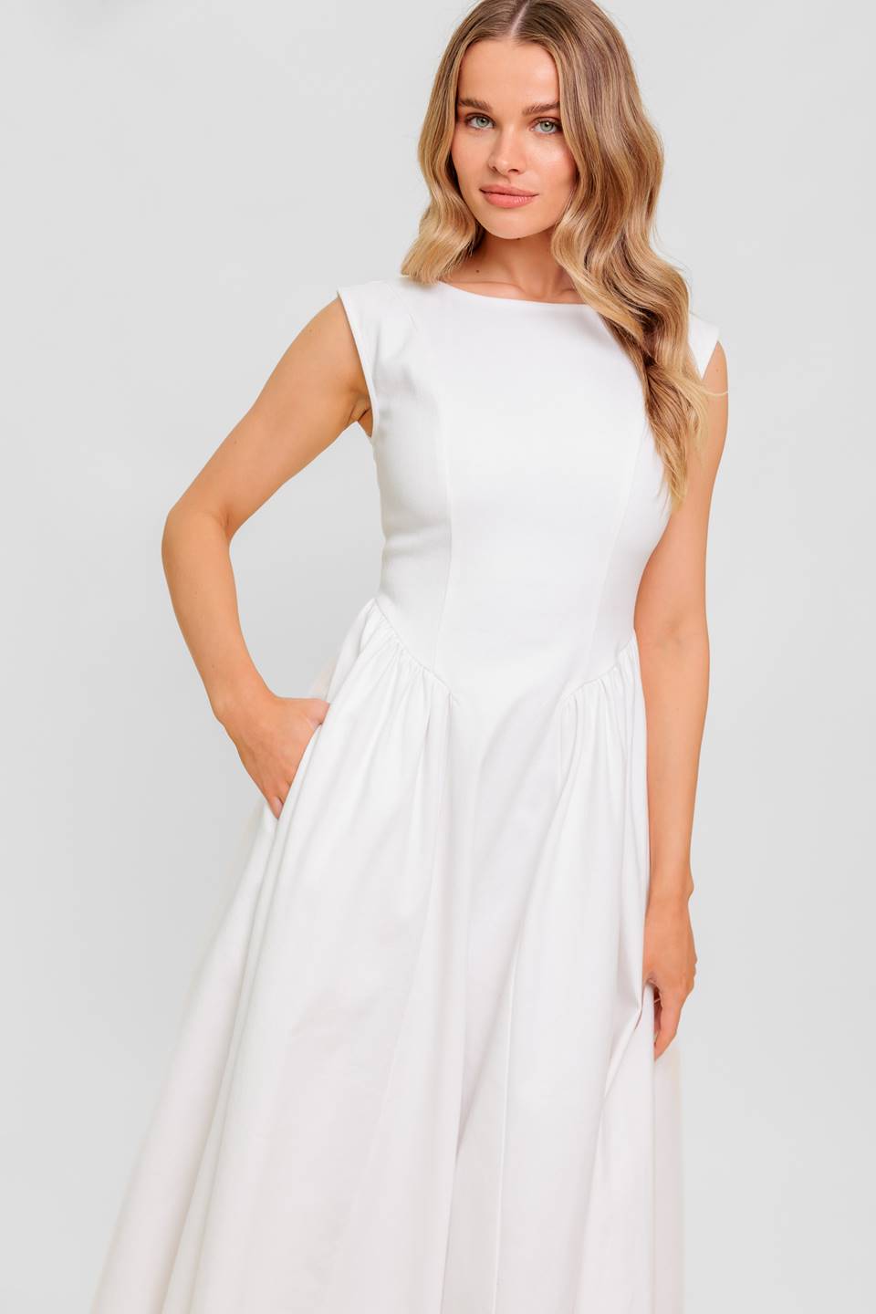 CANDLE VINE WHITE DENIM WOVEN MIDI DRESS -  97% Cotton