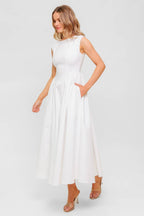 CANDLE VINE WHITE DENIM WOVEN MIDI DRESS -  97% Cotton