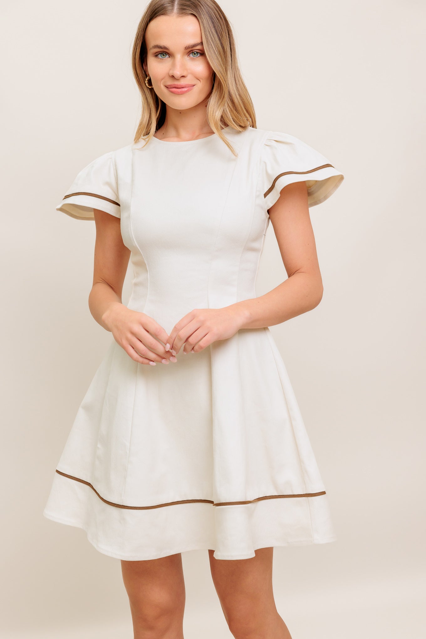 CREAM MILK TEA WOVEN MINI DRESS - 97% Cotton