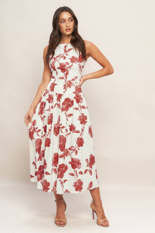 ROMA FLORAL WOVEN MIDI DRESS - 97% Cotton