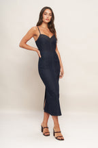 MIDNIGHT INDIGO DENIM MIDI DRESS - 90% Cotton
