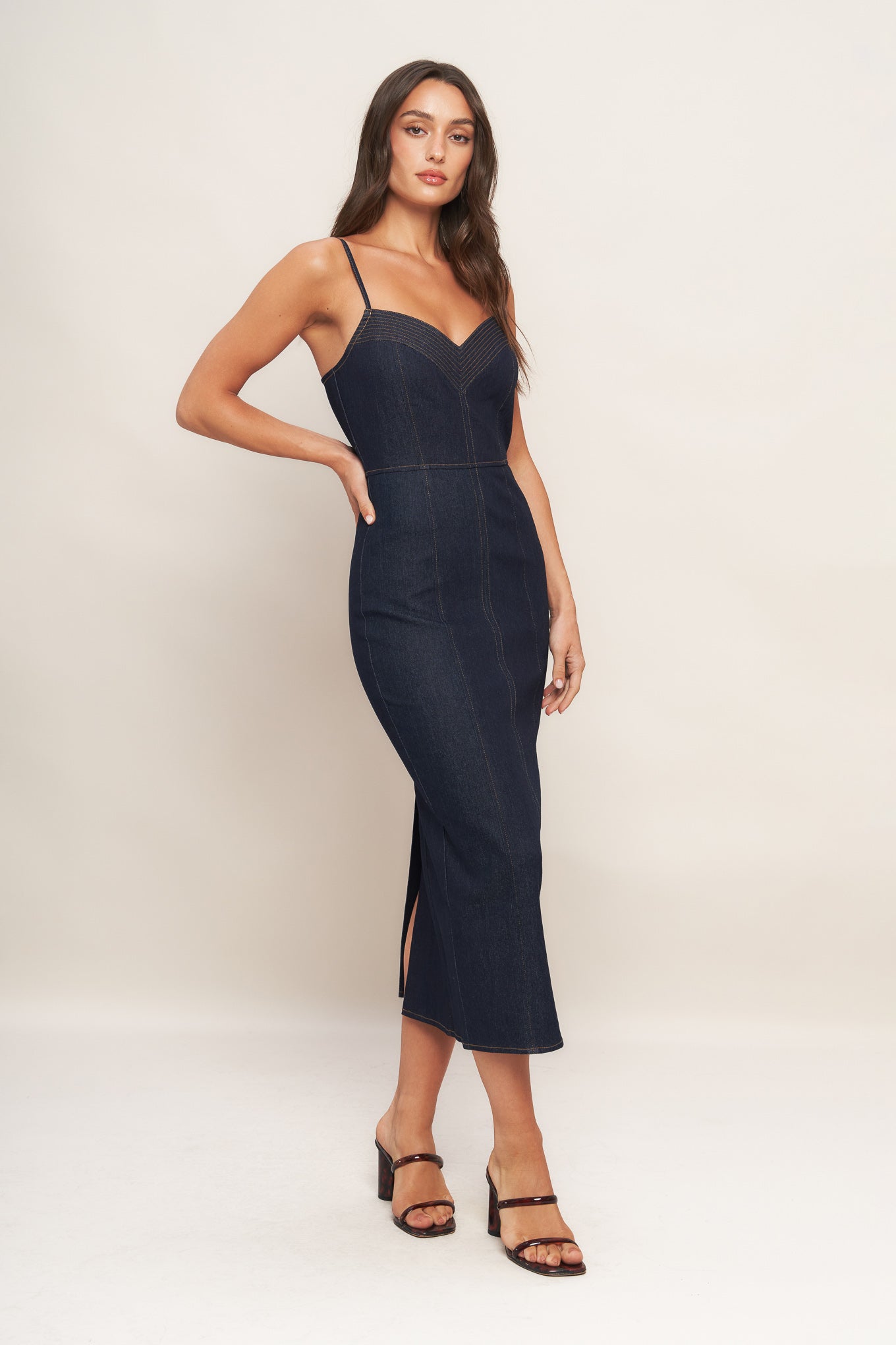MIDNIGHT INDIGO DENIM MIDI DRESS - 90% Cotton