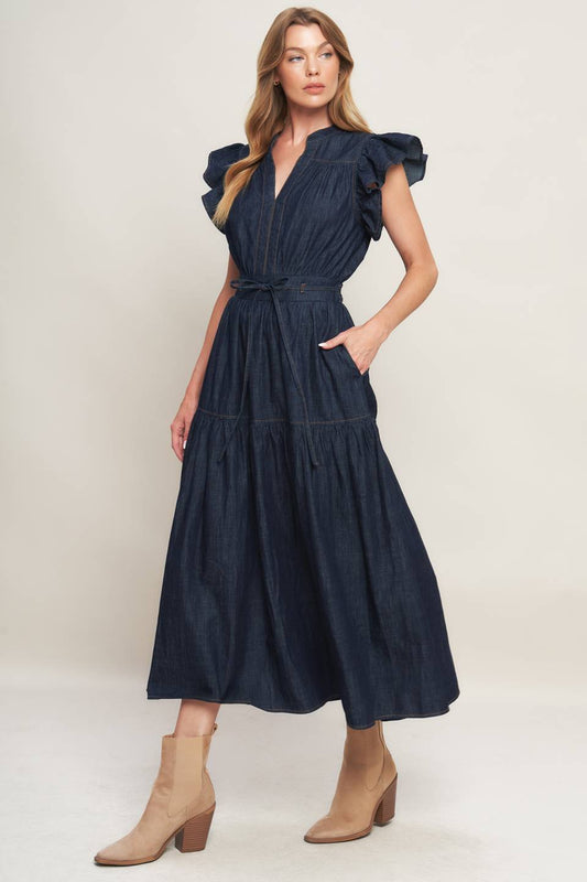 POWER DENIM GODDESS DARK INDIGO MIDI DRESS -  90% Cotton
