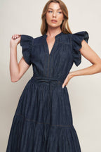 POWER DENIM GODDESS DARK INDIGO MIDI DRESS -  90% Cotton