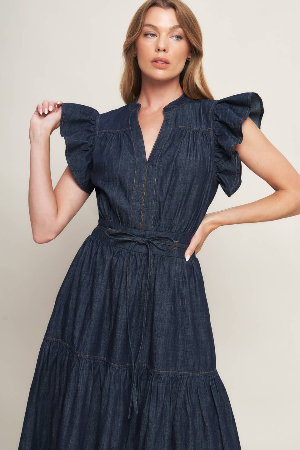 POWER DENIM GODDESS DARK INDIGO MIDI DRESS -  90% Cotton