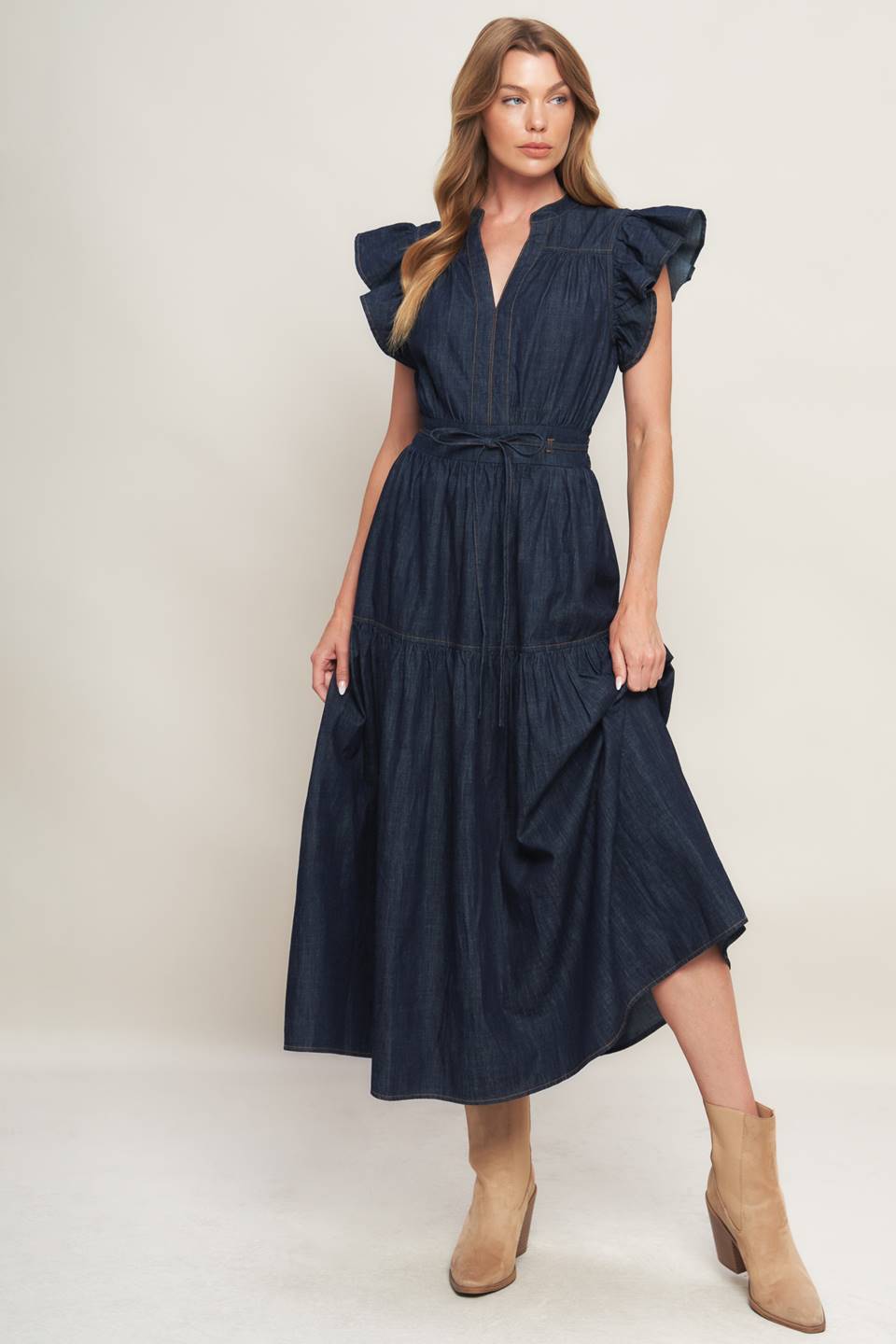 POWER DENIM GODDESS DARK INDIGO MIDI DRESS -  90% Cotton