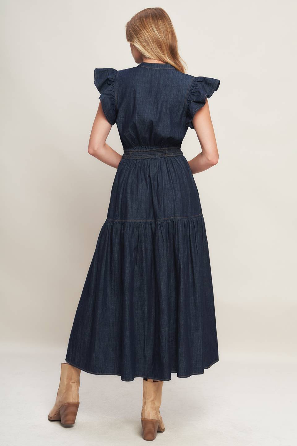 POWER DENIM GODDESS DARK INDIGO MIDI DRESS -  90% Cotton