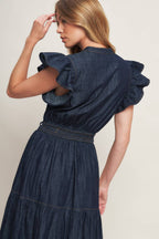 POWER DENIM GODDESS DARK INDIGO MIDI DRESS -  90% Cotton