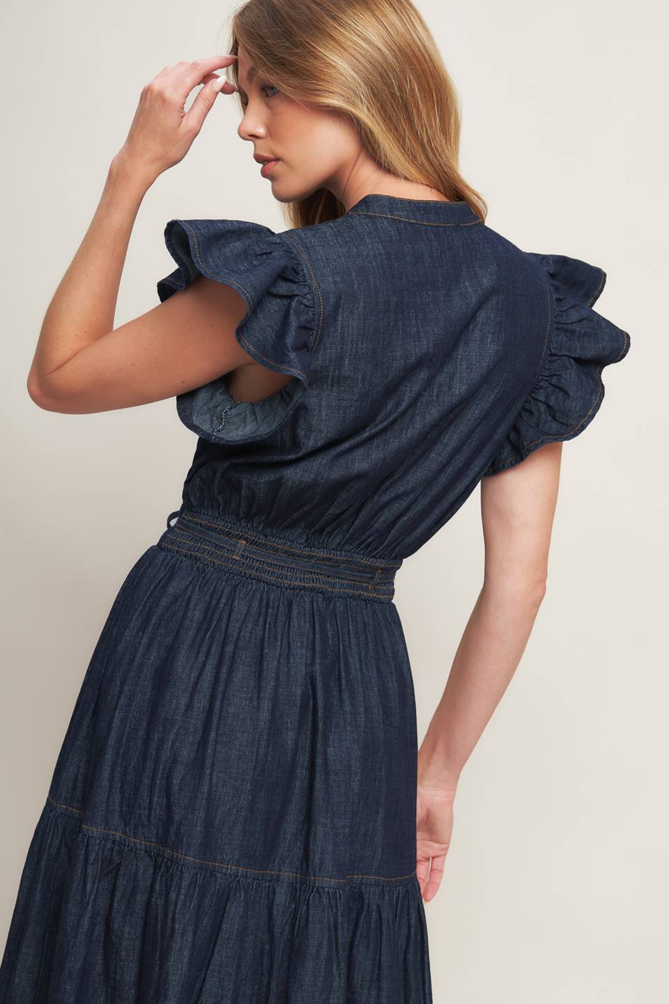 POWER DENIM GODDESS DARK INDIGO MIDI DRESS -  90% Cotton