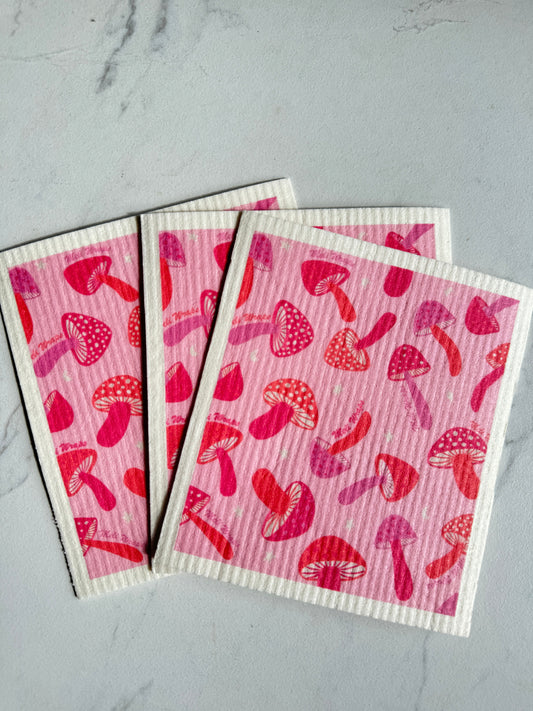 Pink Mushroom Swedish Dish Cloth Set of 3 - The Peony Haus