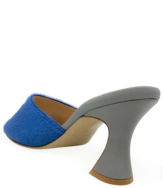 Gray high-heeled shoe with blue heel on a white background
