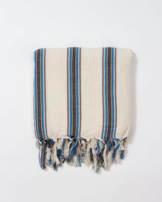 Beige towel with blue and brown stripes on a white background