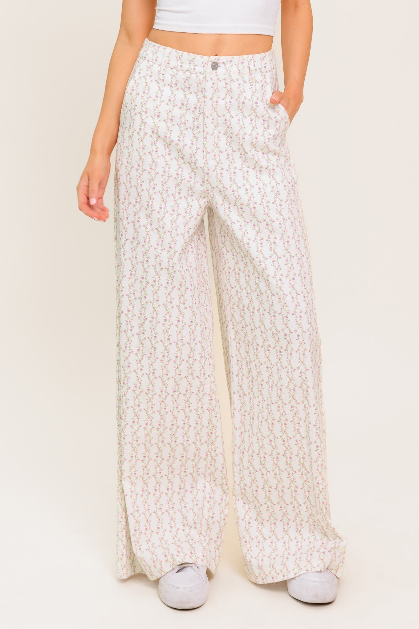 CITRUS FLOW IVORY WOVEN PANTS - 97% Cotton