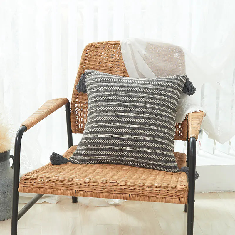 Thick Cotton Linen Striped Fringe Pillow Covers (In Stock)