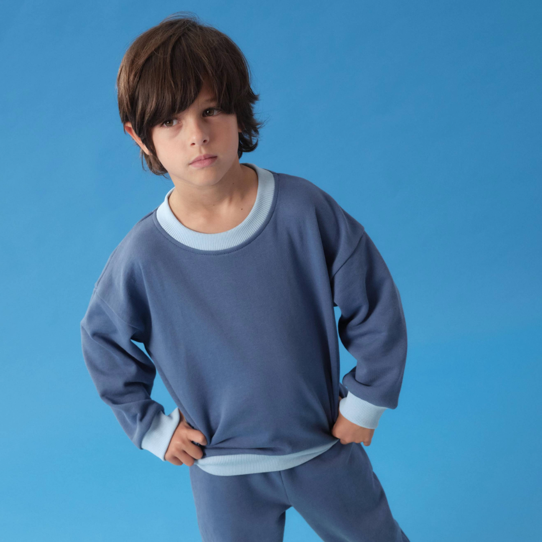 Kids Contrast Sweatshirt in Navy Blue with Light Blue