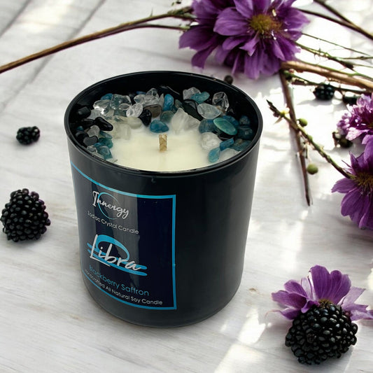 Libra Zodiac Crystal Candle with Obsidian, Blue Apatite, and Crystal Quartz | Coconut-Soy Wax Candle, 9oz