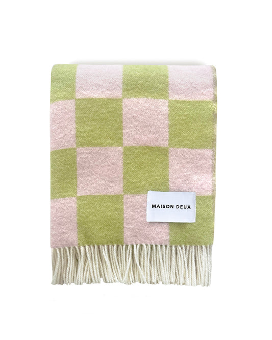 Maison Deux Blanket CHECKERBOARD Kiwi / Pink 4.25 x 6.5 ft - OEKO-TEX Certified