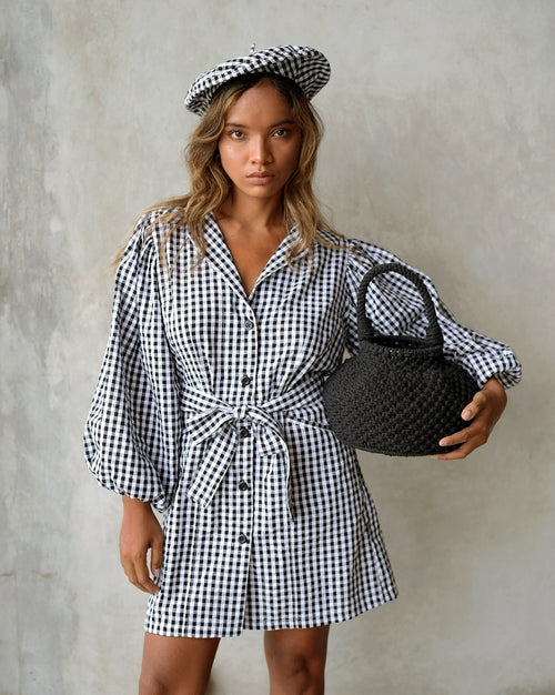 MEGHAN Mini Gingham Dress, in Black - The Peony Haus