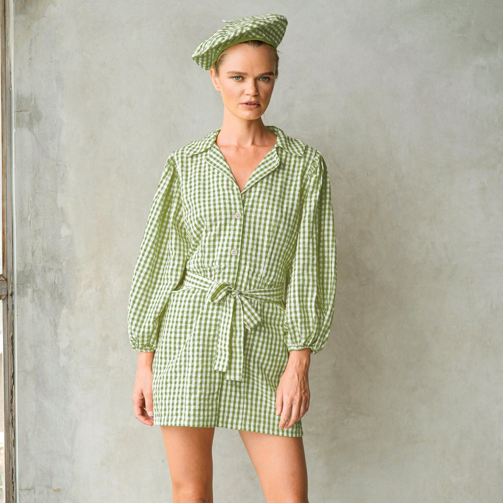 MEGHAN Mini Gingham Dress, in Olive Green - The Peony Haus