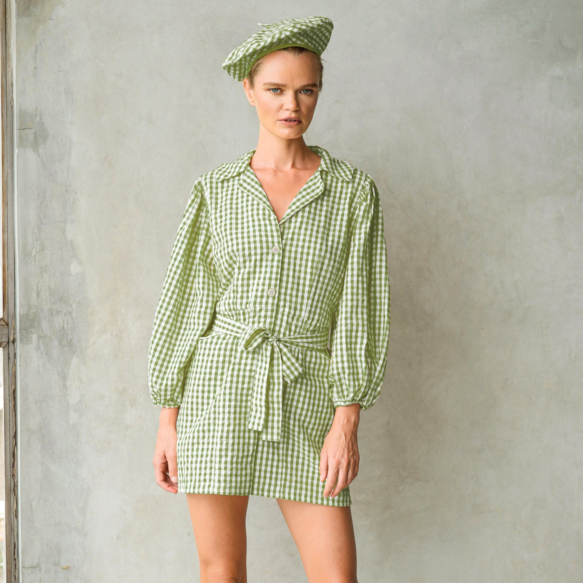 MEGHAN Mini Gingham Dress, in Olive Green - The Peony Haus