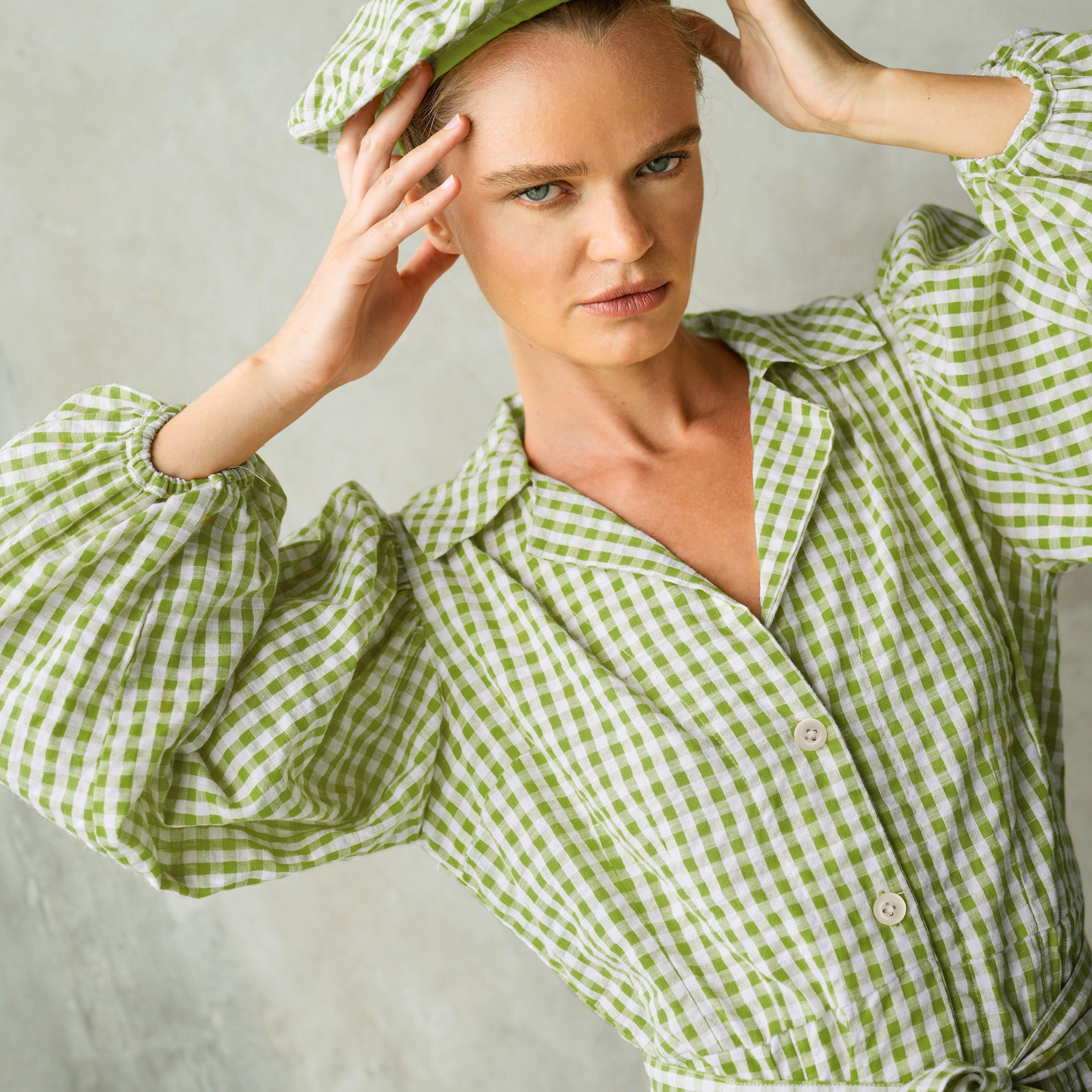 MEGHAN Mini Gingham Dress, in Olive Green - The Peony Haus